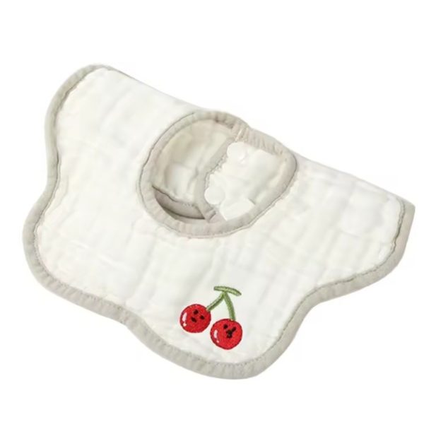 Baveta Tip Floare, Flippy, din Bumbac, pentru Copii 0-12 Luni, Rezistenta la apa, 8 Straturi, Model Tricotat cu Cirese, 26 x 29 cm, Alb