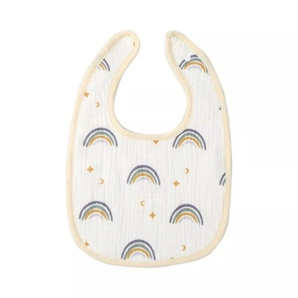 Baveta in Forma de U  din Bumbac pentru Copii 0-12 Luni Rezistenta la Apa cu Capse Model Curcubeu 21x30 cm Bej