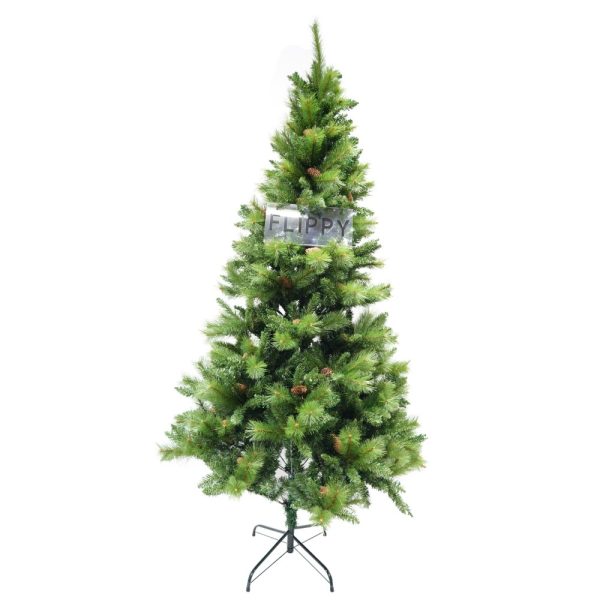 Brad artificial de Craciun, Decorat cu conuri de pin, pentru interior/exterior, inaltime 210 cm, diametru 114 cm, 1057 ramuri, Flippy, verde, suport metalic inclus