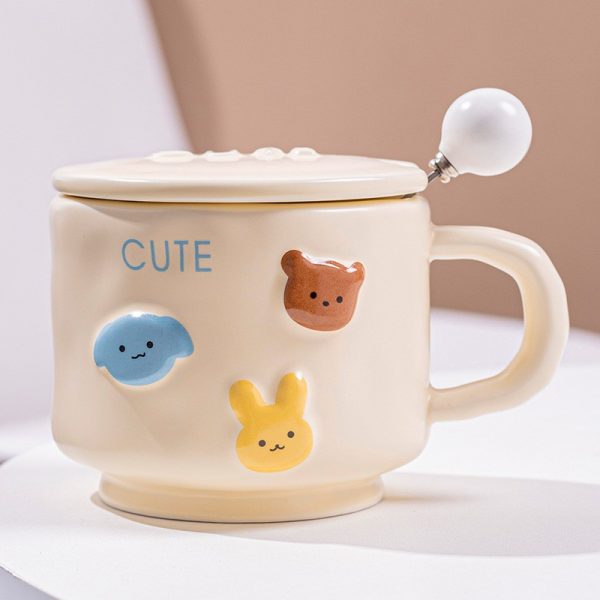 Cana ceramica, Flippy, din Portelan, print Figurine Animalute, Cana penru Copii, Model CUTE, Cana cu Lingura si Capac, Ceasca pentru Cafea, Ceai, 400ml Galben