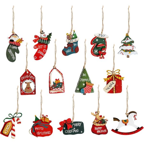 Set 14 Decoratiuni de Craciun, Flippy, pentru Brad, 5 - 9.5 cm, din Lemn, Multicolor