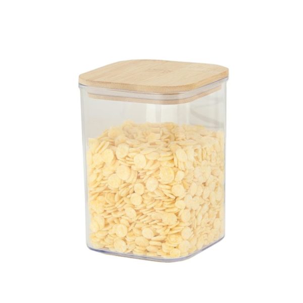Cutie de Depozitare Alimente, Flippy, Cutie de tip Container, Cutie pentru Cereale, din Plastic, Capac din Bambuc, 10 x 10 x 14 cm, Volum 0.8 L, Transparent