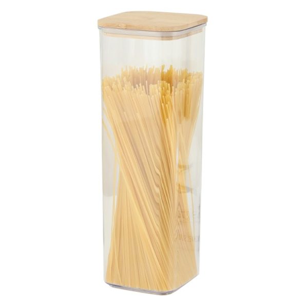 Cutie de Depozitare Alimente, Flippy, Cutie de tip Container, Cutie pentru Cereale, din Plastic, Capac din Bambuc, 10 x 10 x 30 cm, Volum 1.9 l, Transparent