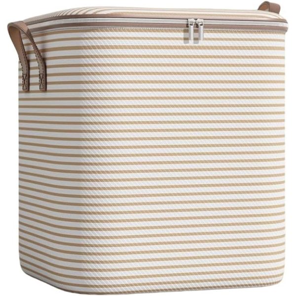Cutie de Depozitare cu Fermoar, Flippy, Pliabila, Maner Ranforsat, Fermoar Rezistent, pentru Haine, Paturi, Plapume, Perne, Lenjerii de Pat, Jucarii, 50x50x70 cm, 180 Litri, in Dungi, Bej