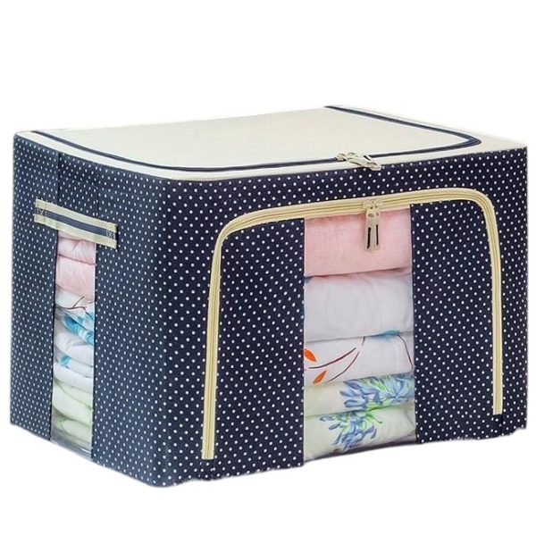 Cutie de Depozitare Pliabila, Flippy, 24 L, Panza Oxford, 40x30x20 cm, Fereastra Frontala, 2 Usi de Acces cu Fermoar Bidirectional, Cadru Metalic, Suport Baza Stabil din Plastic, Imprimeu buline, Albastru Marin