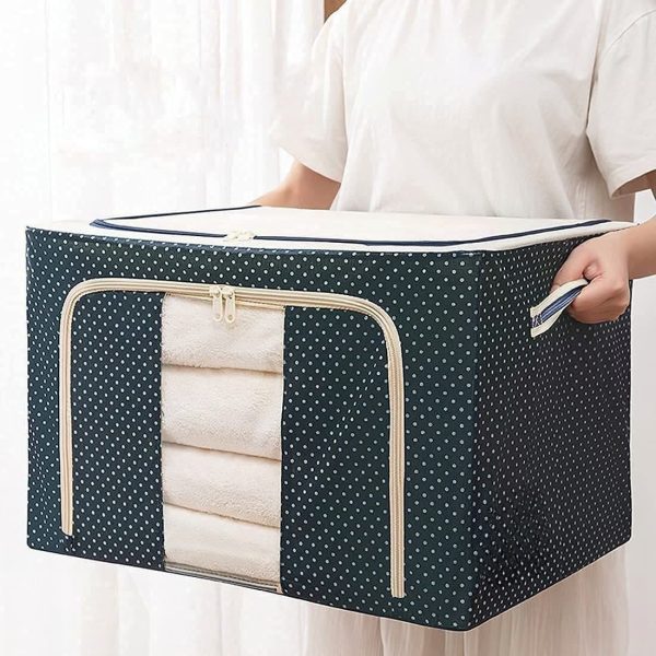 Cutie de Depozitare Pliabila  Cu Fermoar 100 L Textil 60x42x40 cm Albastru Marin Cadru Metalic Suport Baza Stabil din Plastic Imprimeu buline