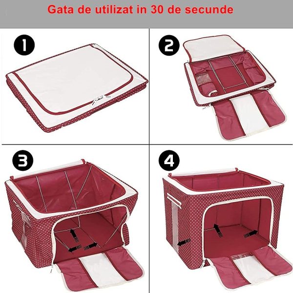 Cutie de Depozitare Pliabila  cu Fermoar 100 L Textil 60x42x40 cm O Fereastra Cadru Metalic Suport Baza Stabil din Plastic imprimeu punctat Rosu
