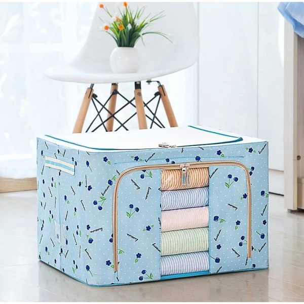 Cutie de Depozitare Pliabila  24 L Panza Oxford 40x30x20 cm Fereastra Frontala 2 Usi de Acces cu Fermoar Bidirectional Cadru Metalic Suport Baza Stabil din Plastic Imprimeu cirese Albastru