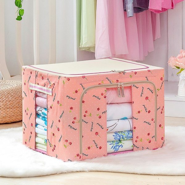Cutie de Depozitare Pliabila  24 L Panza Oxford 40x30x20 cm Fereastra Frontala 2 Usi de Acces cu Fermoar Bidirectional Cadru Metalic Suport Baza Stabil din Plastic Imprimeu Cirese Roz