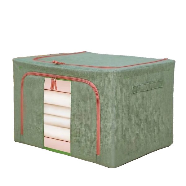 Cutie de Depozitare Pliabila  Cu fermoar Bidirectional 66 L Textil 50x40x33 cm Cadru Metalic o Fereastra Suport Baza Stabil din Plastic Verde