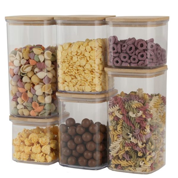 Cutii de Depozitare Alimente, Flippy, Set din 6 Cutii de tip Container, Cutii pentru Cereale, din Plastic, Capac din Bambuc, 2pc 0.5 l. 2pc 0.8 l, 2pc 1.2 l, Transparente