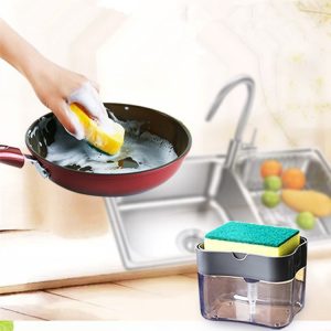 Dozator Flippy, Dispenser 2 in 1 pentru Detergent Lichid de Vase sau pentru Obiecte Sanitare cu Suport pentru Burete de Bucatarie ,14 x 10.5 x 10 cm, capacitate 380 ml, negru