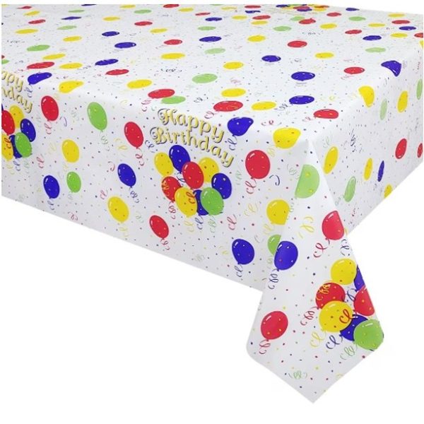 Fata de Masa, Flippy, din PEVA, Imprimeu Happy Birthday cu Baloane, 137 x 274 cm, Impermeabila, Fara Pete, Curatare Rapida, Multicolor