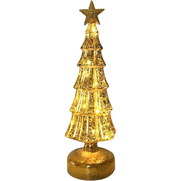 Decoratiune de Craciun, Flippy, Model Brad cu Stea, din Sticla, Lumini, Baterii 3 AA, 31.5 x 9 cm, Auriu
