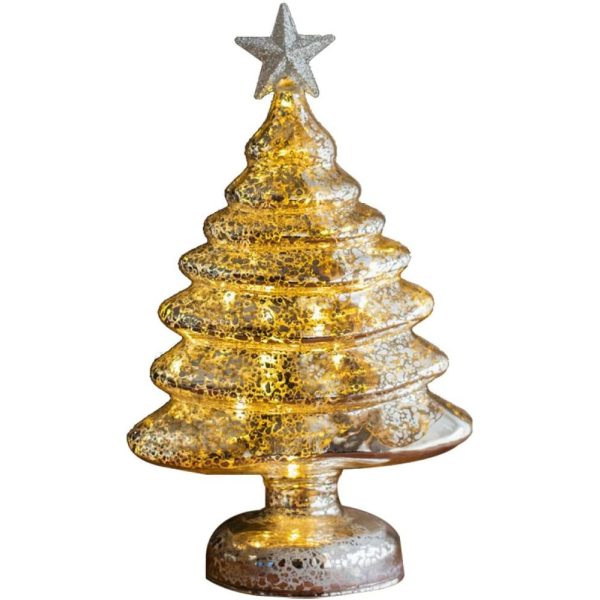 Decoratiune de Craciun, Flippy, Model Brad cu Stea, din Sticla, Lumini, Baterii 3 AA, 22 x 9 cm, Auriu