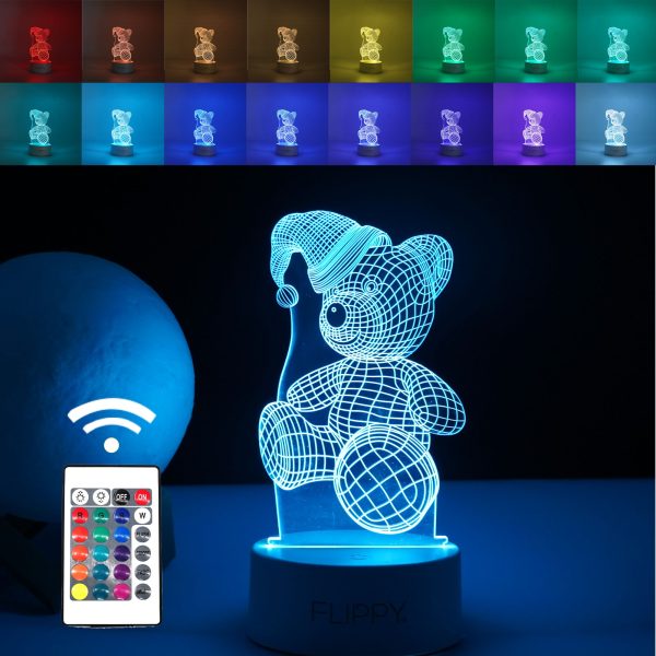 Lampa LED decorativa  3D Urs cu palarie cu telecomanda doua moduri de alimentare USB si baterii 20 cm inaltime din material acril si lumina multicolora alb
