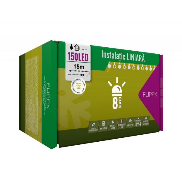 Instalatie Craciun, 15 m, 100 Led-uri ,Liniara, Alb cald, 8 jocuri de lumini, Transformator cu telecomanda, Interconectabila, Prelungitor 5 m inclus, Fir Verde, Flippy