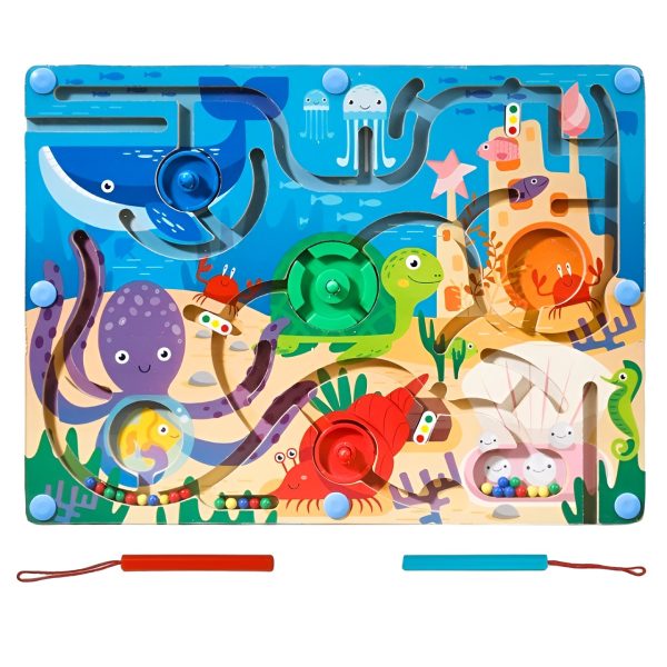 Joc Montessori de Sortare Culori, Flippy, Creion Magnetic, Tip Labirint Ilustrat, din Lemn, Model Animale Marine, 39x29x1.5 cm