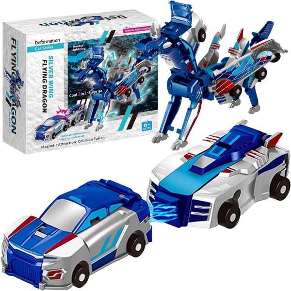 Jucarie Transformabila 2in1  Silver Wing Flying Dragon Masina/Dragon Atractie Magnetica +6 Ani din ABS Albastru