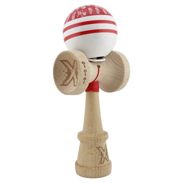 Kendama X Originala CHICANOS, Profesionala, Flippy, Cupe Mari KING SIZE V3, Super Sticky, Gaura in Baza, Rulment Metalic, din lemn 18 cm, Ata 55 cm, Rosu/Alb
