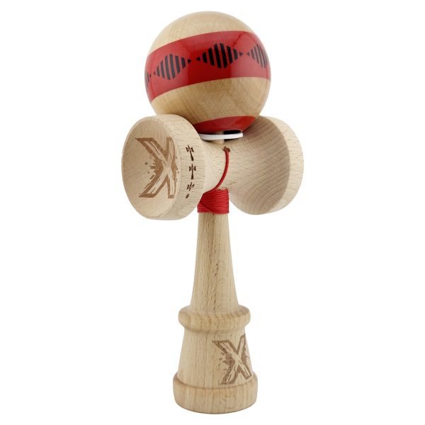 Kendama X Originala FREQUENCY, Profesionala, Flippy, Cupe Mari KING SIZE V3, Super Sticky, Gaura in Baza, Rulment Metalic, din lemn 18 cm, Ata 55 cm, Rosu/Maro
