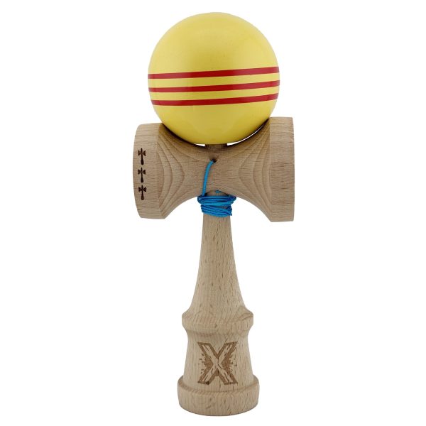 Kendama X Originala Profesionala  Big Cups V2 Super Sticky Legendary Cupe Mari Rulment Metalic cu Ata 55 cm Galben/Linii Rosii