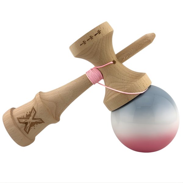 Kendama X Originala, Profesionala, Flippy, Big Cups V2, Super Sticky Cupe Mari, Rulment Metalic cu Ata 55 cm, Gradient Roz/Alb/Gri