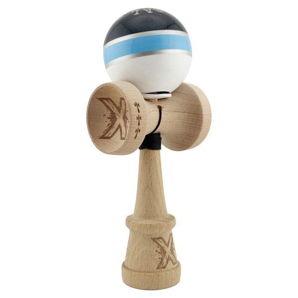 Kendama X Originala ROYAL SPIKE, Profesionala, Flippy, Cupe Mari KING SIZE V3, Super Sticky, Gaura in Baza, Rulment Metalic, din lemn 18 cm, Ata 55 cm, Inel Albastru deschis