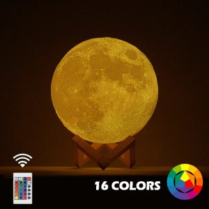 Lampa de veghe in forma de luna cu stele 3D Moon Light, Acumulator integrat, alimentare USB, stand din plastic inclus, 13 cm, 16 culori, Multicolor, Telecomanda inclusa, Flippy