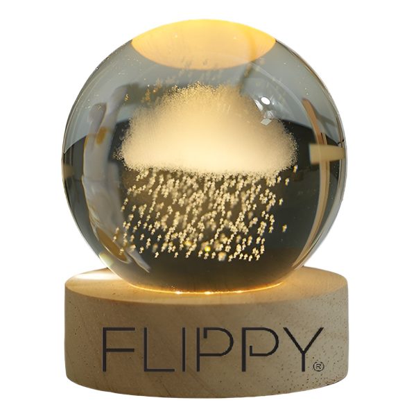 Lampa LED Decorativa  cu Bila de Cristal cu Diametru 6cm Model Nor Ploios 3D Alimentare USB Suport din Lemn Lumina Alb Cald