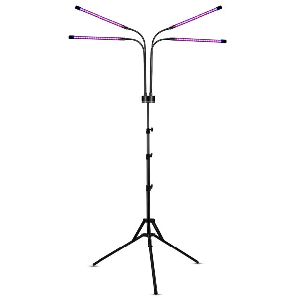 Lampa UV pentru cresterea plantelor, Flippy, 4 capete, putere 30W, 108 LED-uri Lampa cu lumina Ultra-Violet, Lampa cu Picior Ajustabil pana la 2 m, Lumina UV Mov