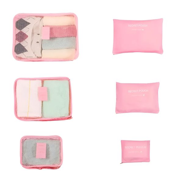 Set 6 Genți de Calatorie  pentru Depozitare Impermeabile Organizator Multifuncționale Design cu Plasa Pliabile Fermoar Dimensiuni Diferite Roz