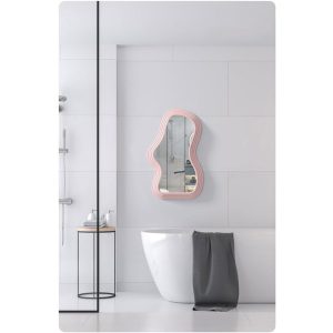 Oglinda de Perete, Flippy, Decorativa, pentru Baie, Dormitor, Sufragerie, Model Minimalist, Forma Asimetrica, 40.3x26 cm, Roz