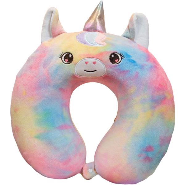 Perna de Calatorie in Forma de U, Flippy, Pentru Gat si Cap, Umplutura din Spuma cu Memorie, 30x30 cm, Model Unicorn, Accesoriu de Voiaj, Birou, Masina, Sistem Prindere Capse, Multicolor