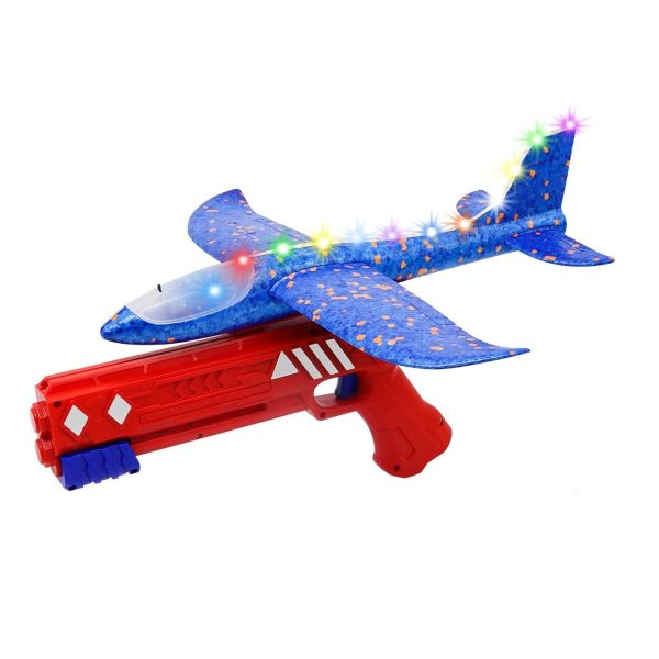 Pistol cu Lansator de Avion  din Polistiren+Plastic +3 Ani Avion 38 cm Lansare 10 m cu Lumini si Roti Rosu/Albastru