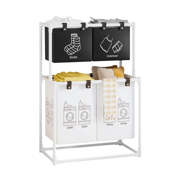 Cos de Rufe, Flippy, cu 2 Etaje, 4 Cosuri, Cadru de Otel Inoxidabil, 97x44x57 cm, Alb