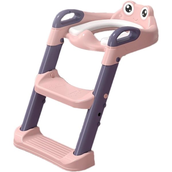 Reductor si Scaunel Inaltator WC  pentru Copii 1 - 7 Ani 2 Trepte Reglabile Pliabil Colac Moale cu Spatar si Manere Inaltime 54/58 cm x 39.5 x 35 cm din Plastic+PVC Roz/Mov