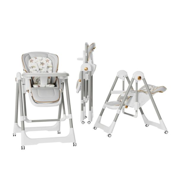 Scaun de Masa 2in1  pentru Copii 6 luni - 4 Ani Pliabil cu Roti Balansoar Leagan Reglabil Tava de Masa Dubla Centura in 5 Puncte 96 x 56 x 76 cm Gri