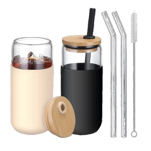 Set 2 Pahare din Sticla Termoizolante Transparente  Capace si Paie Incluse 500 mL Silicon Negru si Crem