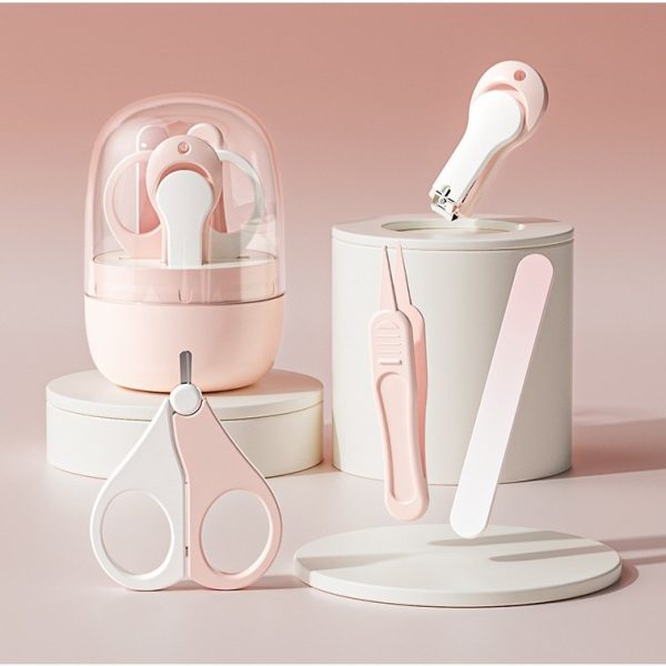 Set 4in1 de Ingrijire Unghii pentru Bebelusi, Flippy, Cutie de Depozitare Tip Borcan, 0-6 Ani, 10 x 7 x 6 cm, Roz