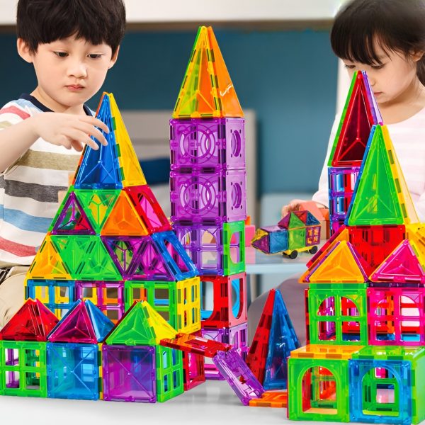 Set 60 de Piese Magnetice de Constructie, Flippy, Magnetic Tiles, Piese Mari, Forme Geometrice, 3 Ani, ABS, Magnet, 20.5 x 14.5 x 12 cm, Multicolor