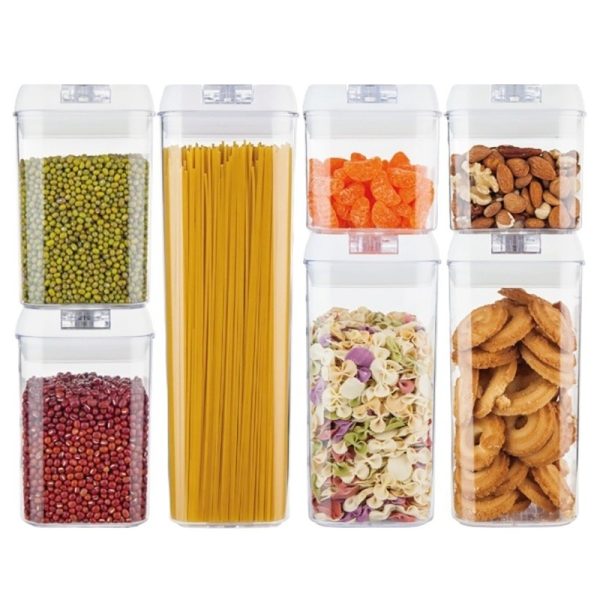 Set 7 Recipiente din Plastic  pentru Alimente/Obiecte Inchidere Ermetica 2 x 0.5l 2 x 0.8l 2 x 1.2l 1 x 1.9 l Capac Alb Transparent