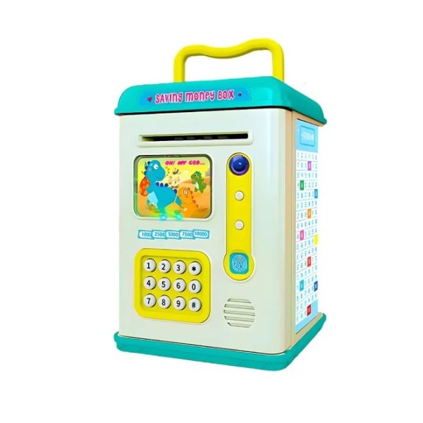 Set Pusculita pentru Copii  Tip ATM Parola cu Amprenta 13.5 x 11.5 x 20 cm Albastru