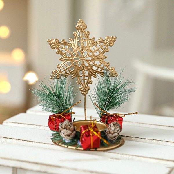 Suport Decorativ pentru Lumanare de Craciun, Flippy, Ornament pentru Lumanare pe Masa, Model Fulg de Nea si Crengute de Brad, din Art Metal, fara Lumanare 13 x 8.3 cm, Auriu
