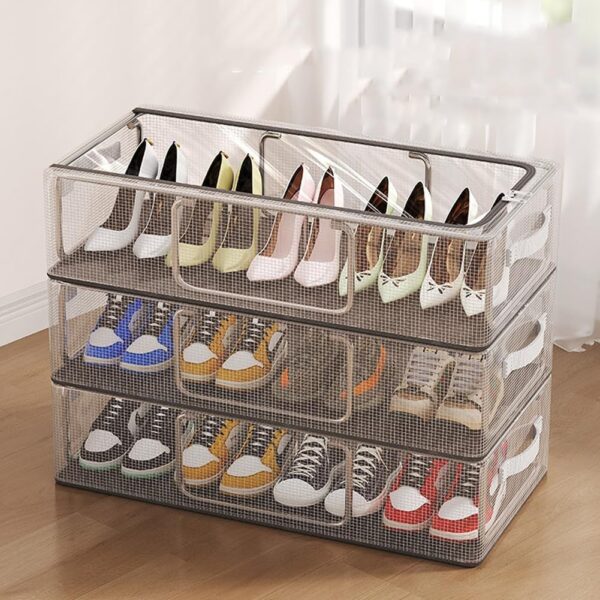Cutie de Depozitare pentru Pantofi, Flippy, 40x30x21 cm, din Plasa PVC Impermeabila si Cadru de Otel, Pliabila, Fermoar Bidirectional, Transparenta