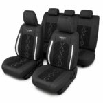 Huse auto premium 5 locuri Carguard Deluxe piele ecologică perforată și textil - negru - alb