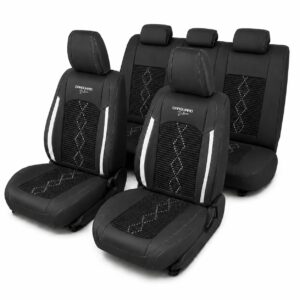Huse auto premium 5 locuri Carguard Deluxe piele ecologică perforată și textil - negru - alb