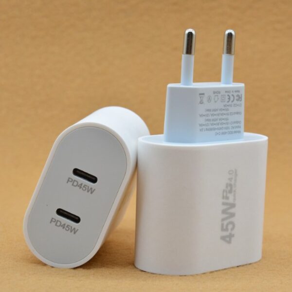 Incarcator Fast Charge pentru Telefon, Flippy, Power Delivery 45W, Dual Port Type-C PD45W, Compatibil cu orice Telefon, Alb