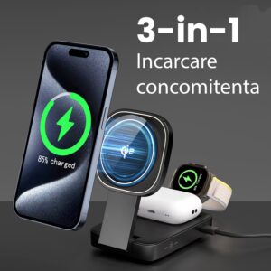 Statie de Incarcare MagSafe 3 in 1, Flippy, Magnetica Wireles Charger, Compatibil cu Apple iPhone, iWatch, AirPods, New Design, Max 23W, 11 x 6.5 x 2.9 cm, Negru