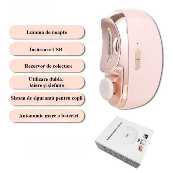 Unghiera Electrica 2 in 1, Flippy, Taiat si Slefuit, 2 Viteze, Lumina LED, Design Ergonomic, Compartiment Resturi, Portabila, Silentioasa 65 db, USB-C, Manichiura, Ideal Pentru Copii si Adulti, 8.5 x 6.8 x 3.3 cm, Roz